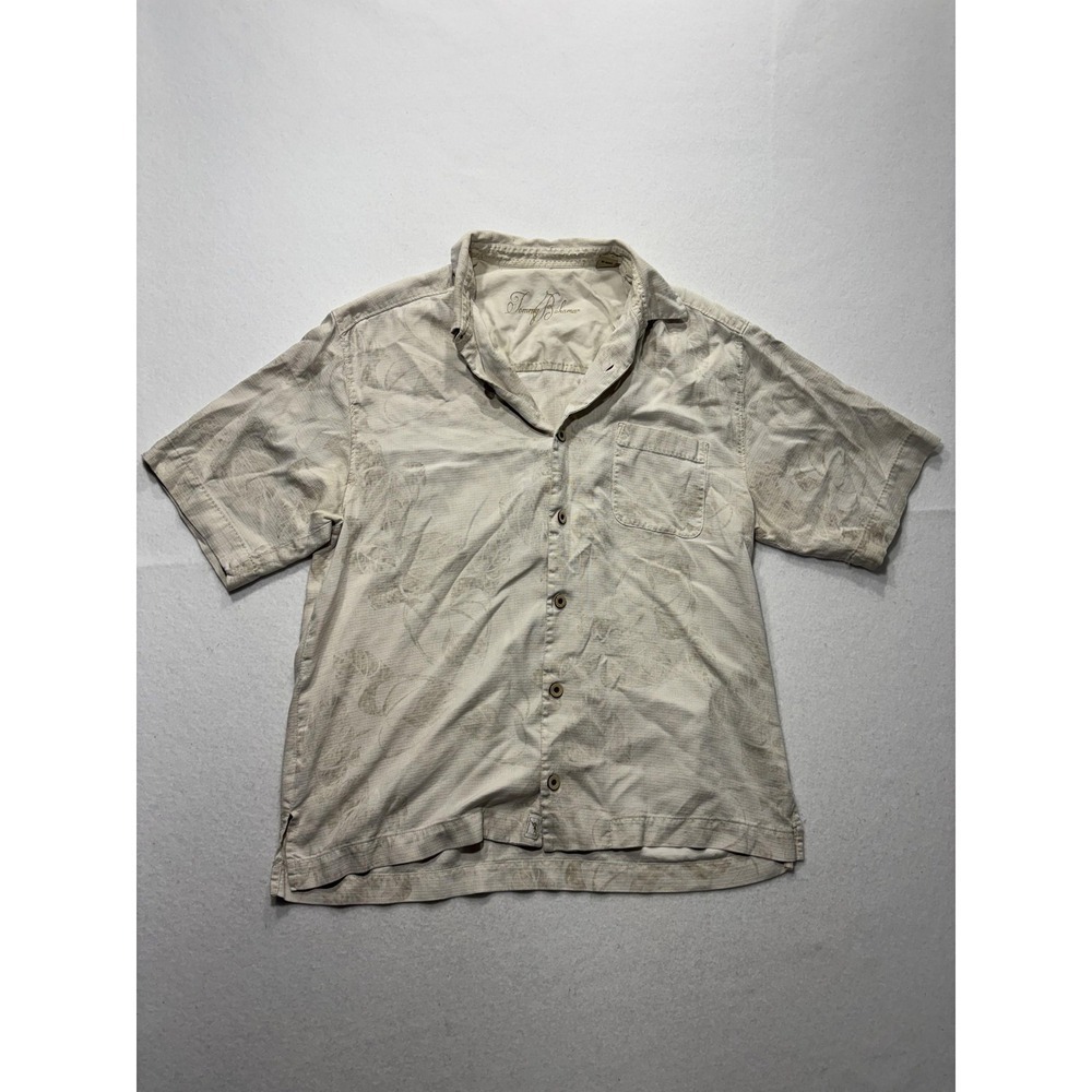 Tommy Bahama Shirt Mens Medium Beige Floral Silk Short Sleeve Button Up Tropical